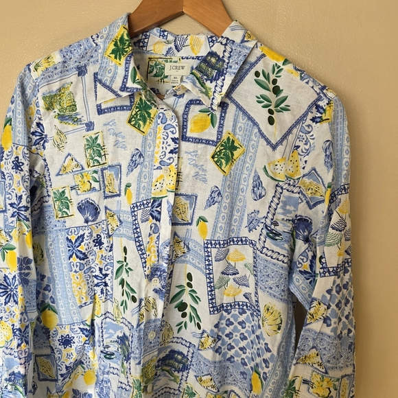 J Crew Linen Blend Coastal Patchwork Lemons Button Up Shirt XL Euro Summmer NWT - Picture 3 of 16